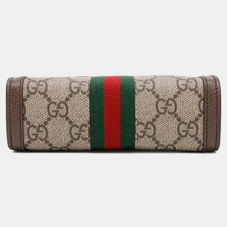 Pre Owned Gucci GG Supreme Ophidia Brown Beige GG Supreme Canvas Leather Handbag