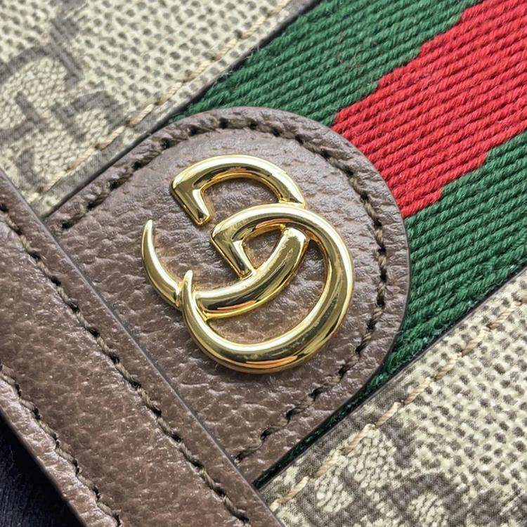 Pre Owned Gucci GG Supreme Ophidia Brown Beige GG Supreme Canvas Leather Handbag