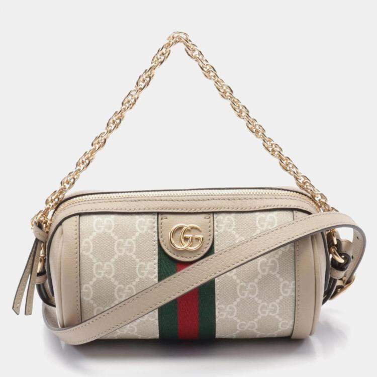 Pre Owned Gucci Ophidia Mini Beige Multicolor Coated Canvas Leather Shoulder Bag