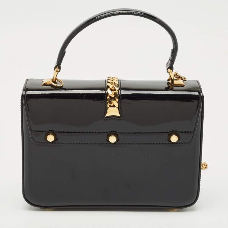 Pre Owned Gucci Black Patent Leather Mini Sylvie 1969 Top Handle Bag