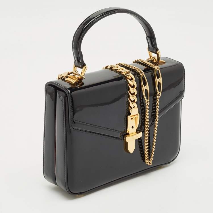 Pre Owned Gucci Black Patent Leather Mini Sylvie 1969 Top Handle Bag