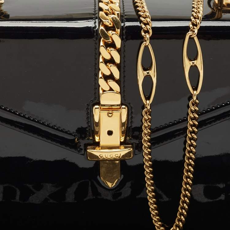 Pre Owned Gucci Black Patent Leather Mini Sylvie 1969 Top Handle Bag