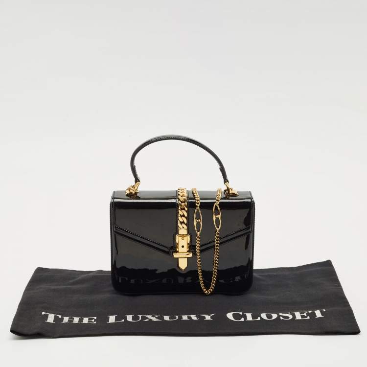 Pre Owned Gucci Black Patent Leather Mini Sylvie 1969 Top Handle Bag