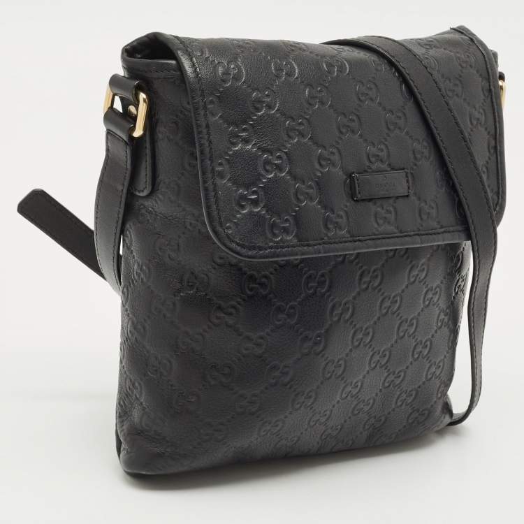 Pre Owned Gucci Black Guccissima Leather Flap Messenger Bag