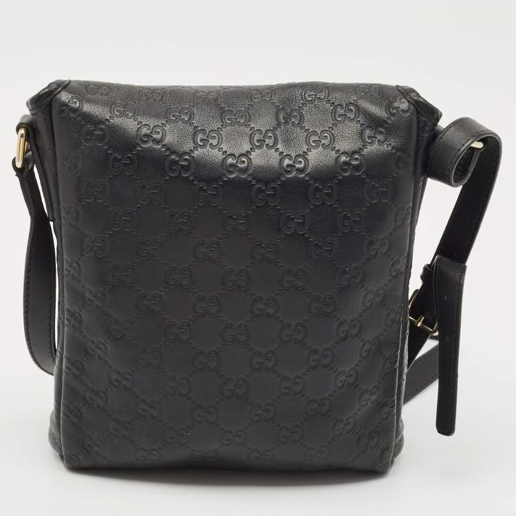 Pre Owned Gucci Black Guccissima Leather Flap Messenger Bag