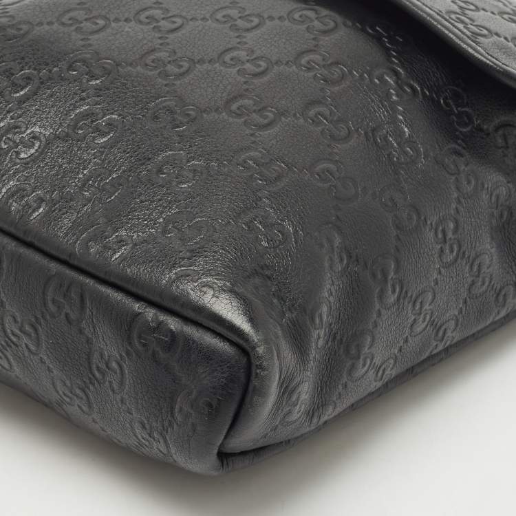 Pre Owned Gucci Black Guccissima Leather Flap Messenger Bag