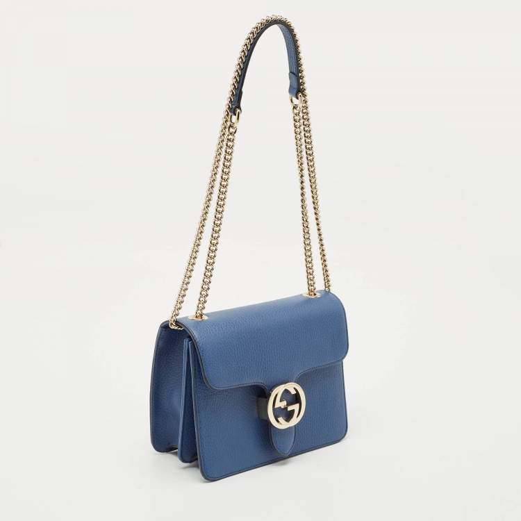 Pre Owned Gucci Blue Leather Dollar Interlocking G Flap Crossbody Bag