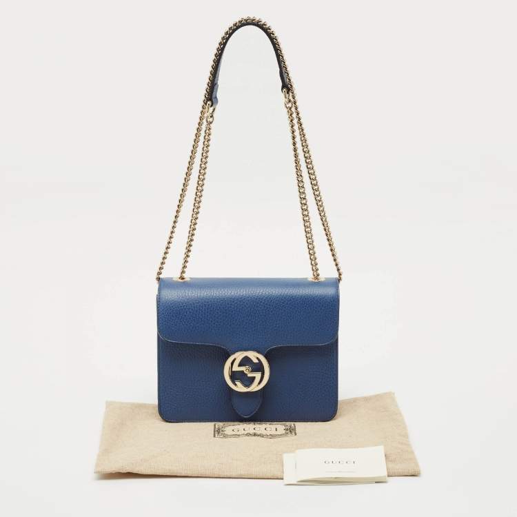 Pre Owned Gucci Blue Leather Dollar Interlocking G Flap Crossbody Bag