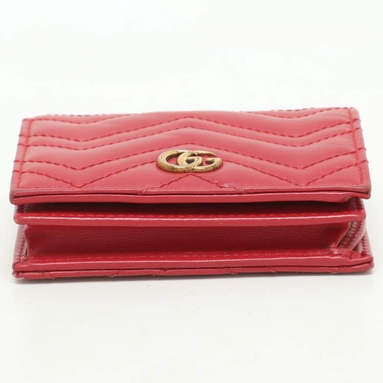 Pre Owned Gucci Red Matelasse Leather GG Marmont Card Case