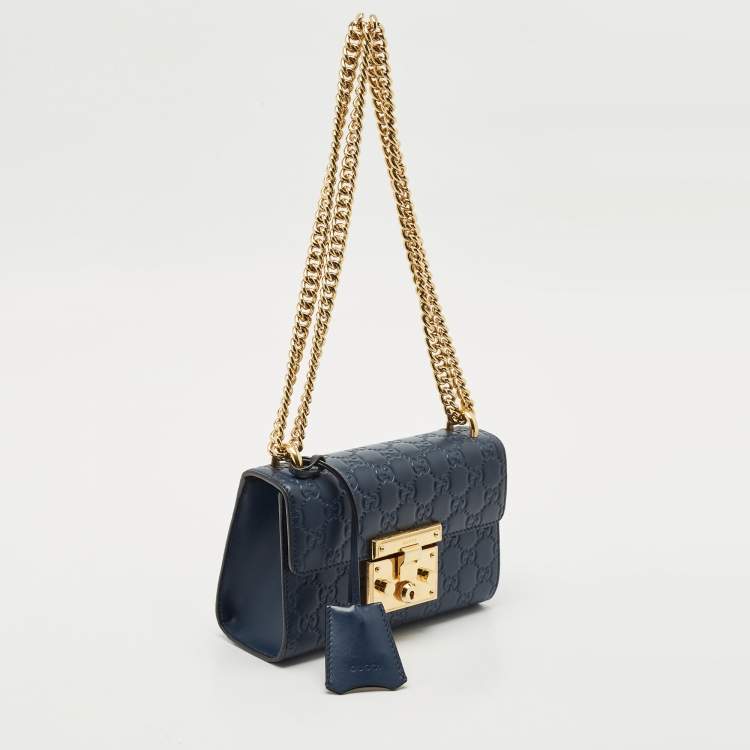 Pre Owned Gucci Navy Blue Guccissima Leather Small Padlock Shoulder Bag