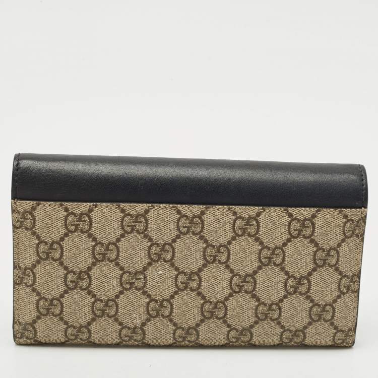 Pre Owned Gucci Black/Beige Leather and GG Supreme Canvas Peony Pearly Continental Wallet