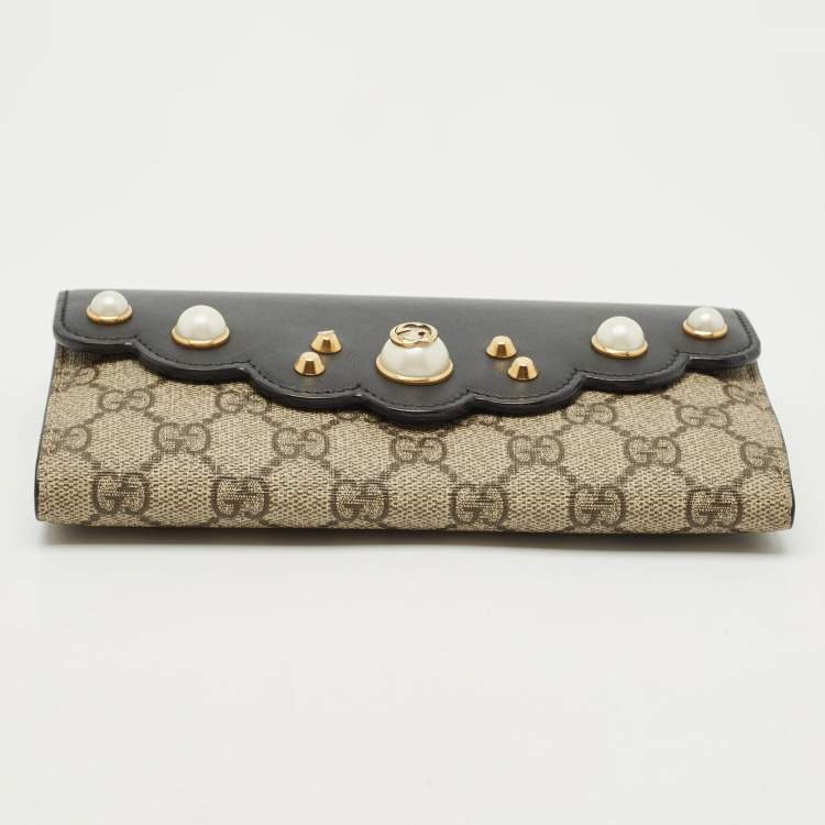 Pre Owned Gucci Black/Beige Leather and GG Supreme Canvas Peony Pearly Continental Wallet