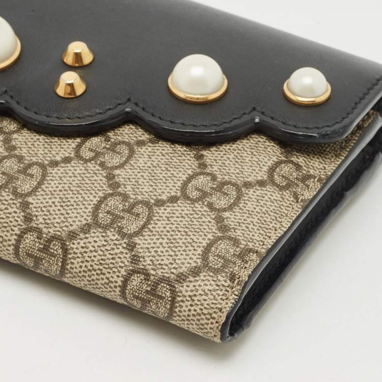 Pre Owned Gucci Black/Beige Leather and GG Supreme Canvas Peony Pearly Continental Wallet