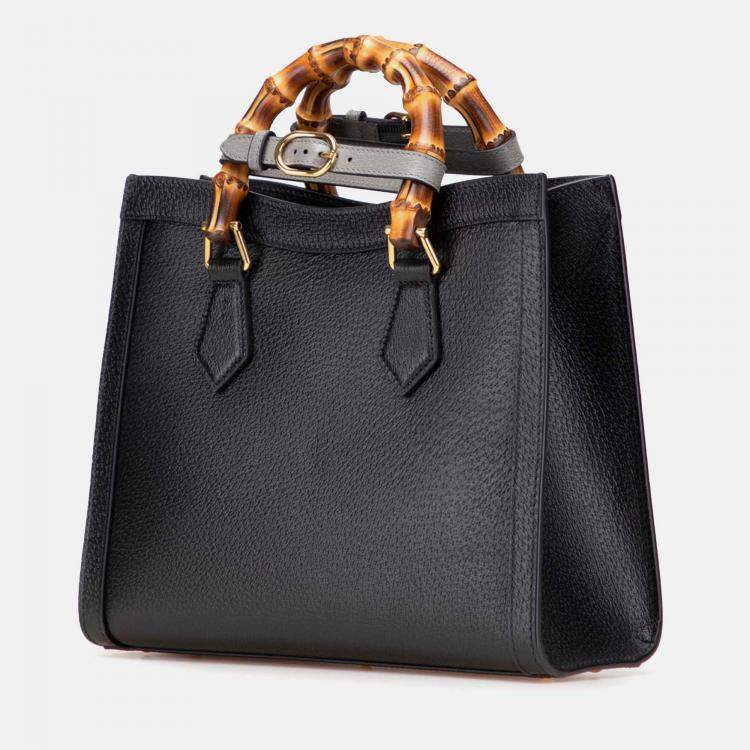 Pre Owned Gucci Black Small Leather Bamboo Diana Satchel