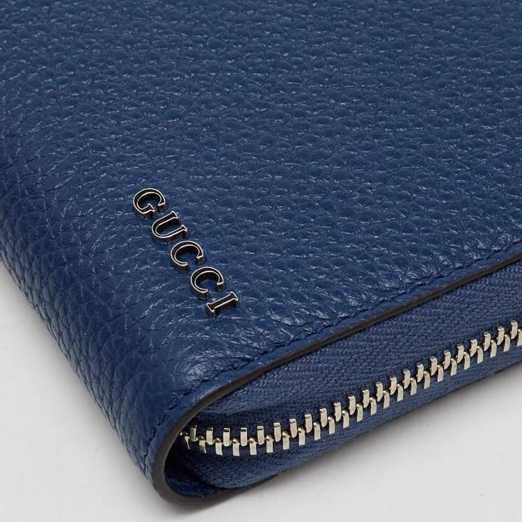 Pre Owned Gucci Navy Blue Leather Zip Around Continental Wallet