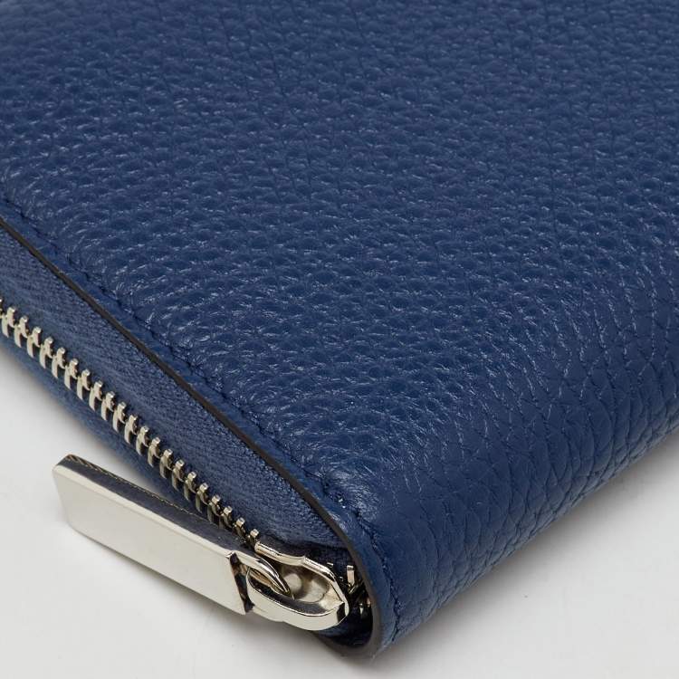 Pre Owned Gucci Navy Blue Leather Zip Around Continental Wallet