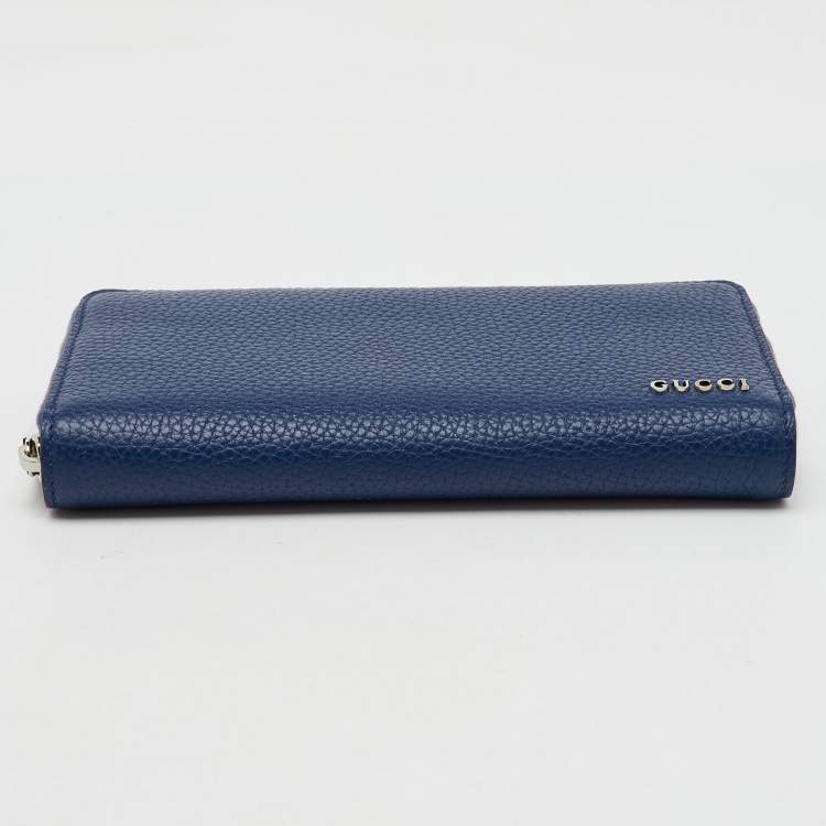 Pre Owned Gucci Navy Blue Leather Zip Around Continental Wallet