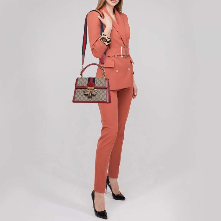 Pre Owned Gucci Beige/Red GG Supreme Canvas and Leather Small Queen Margaret Top Handle Bag