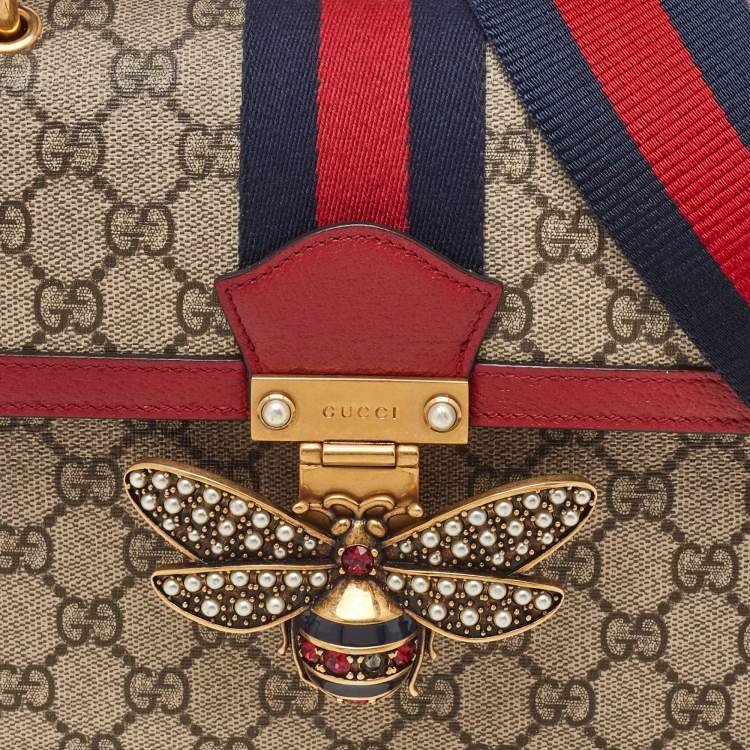 Pre Owned Gucci Beige/Red GG Supreme Canvas and Leather Small Queen Margaret Top Handle Bag