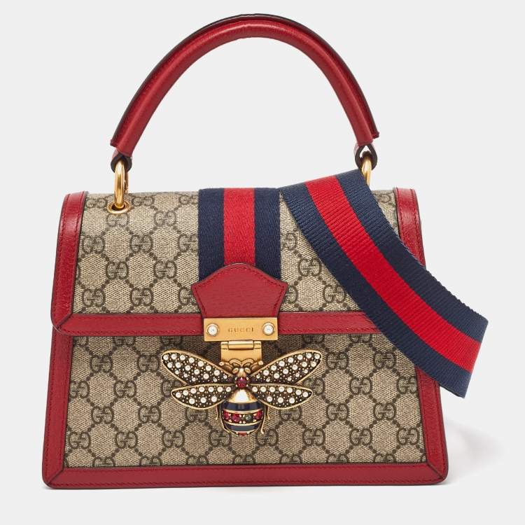 Pre Owned Gucci Beige/Red GG Supreme Canvas and Leather Small Queen Margaret Top Handle Bag