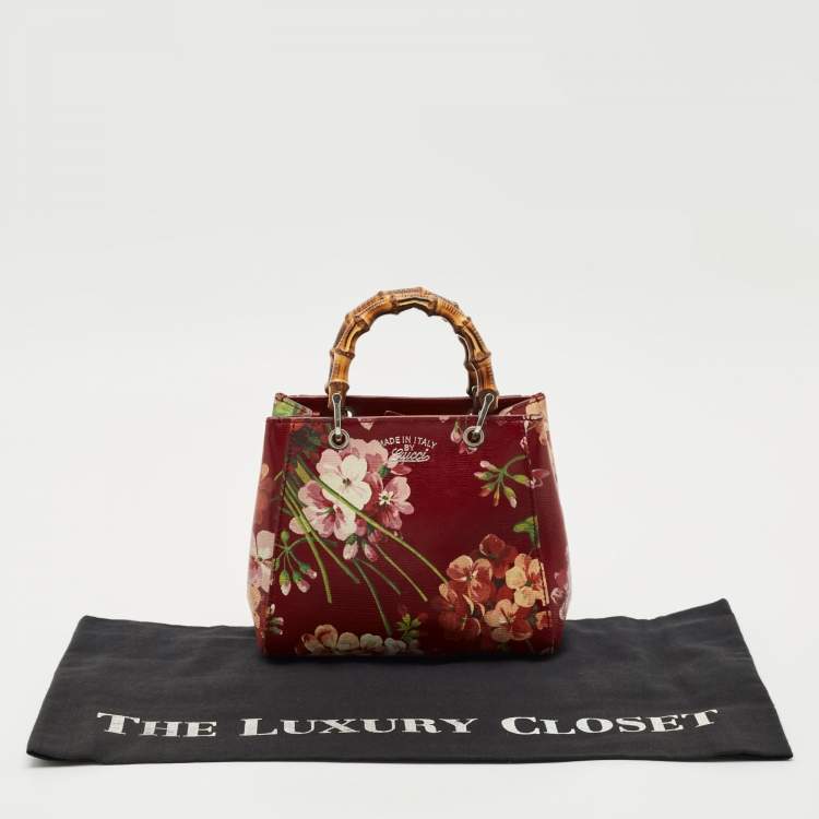 Pre Owned Gucci Multicolor Blooms Print Leather Mini Bamboo Tote