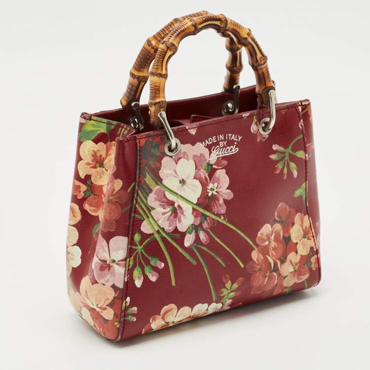 Pre Owned Gucci Multicolor Blooms Print Leather Mini Bamboo Tote