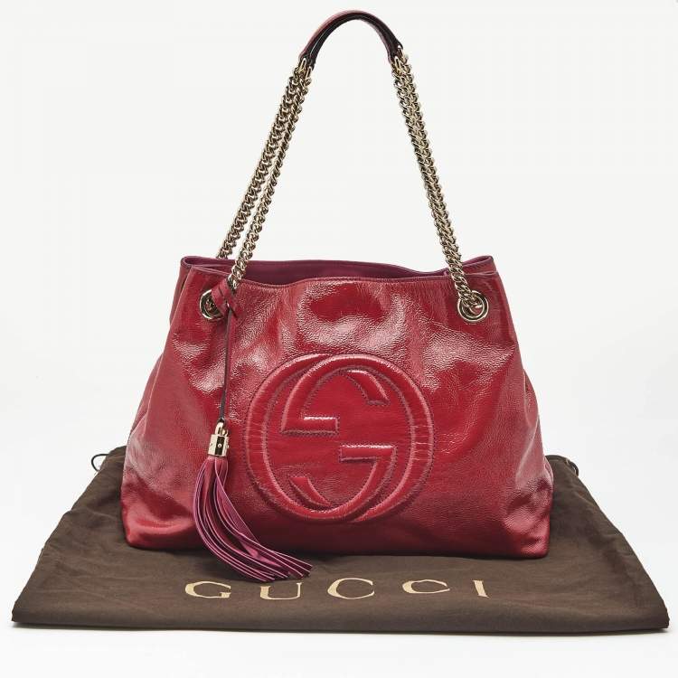 Pre Owned Gucci Pink Patent Leather Medium Soho Chain Tote