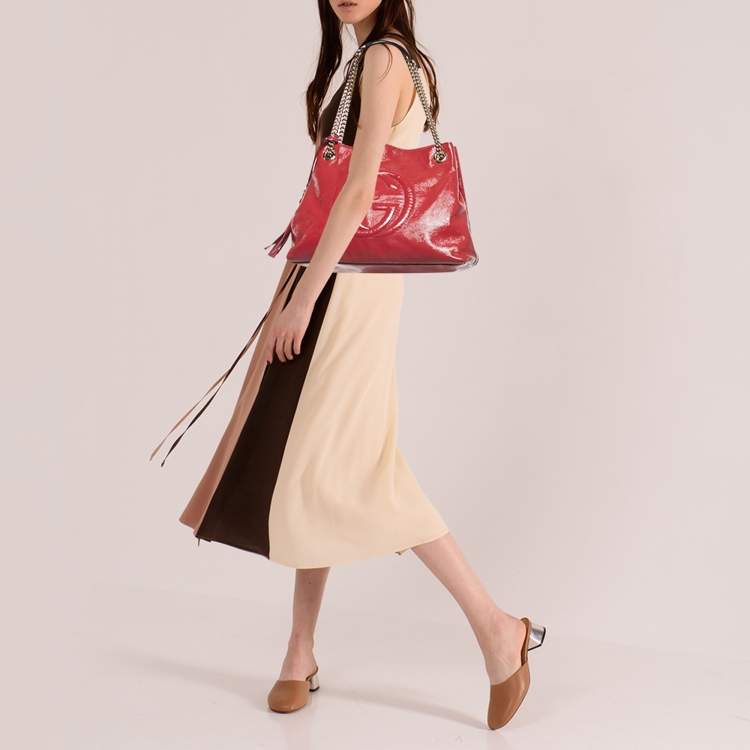 Pre Owned Gucci Pink Patent Leather Medium Soho Chain Tote