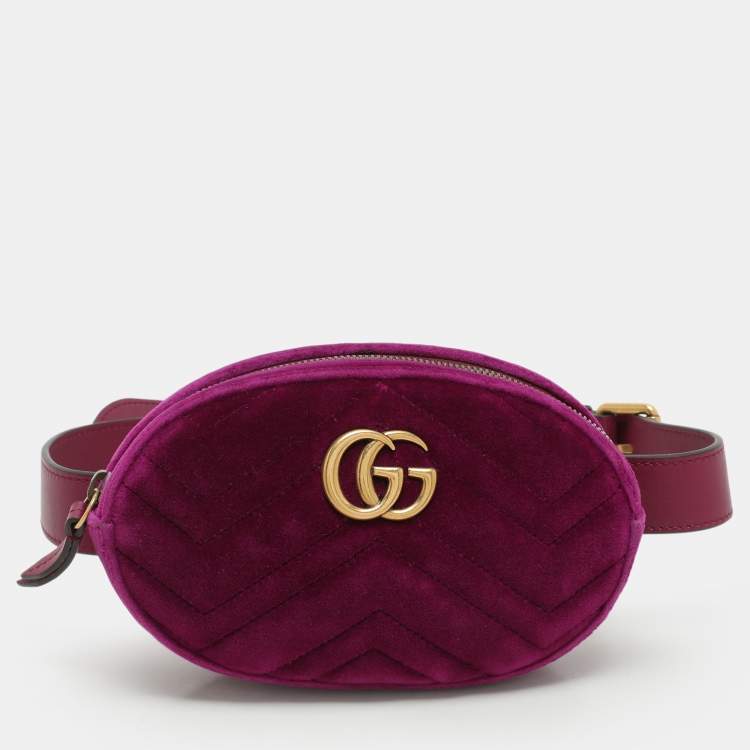 Pre Owned Gucci Purple Matelassé Velvet Mini GG Marmont Belt Bag