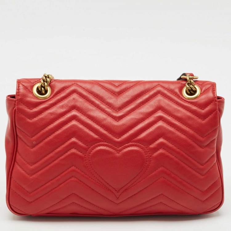 Pre Owned Gucci Red Matelasse Leather Medium GG Marmont Shoulder Bag