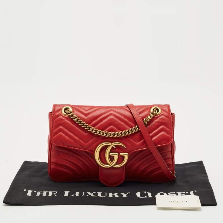 Pre Owned Gucci Red Matelasse Leather Medium GG Marmont Shoulder Bag