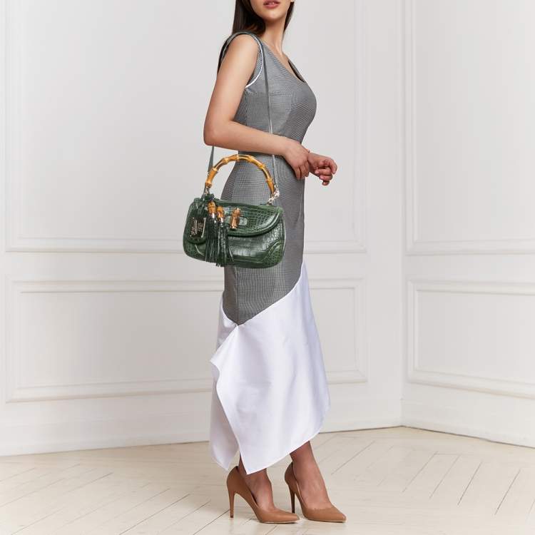 Pre Owned Gucci Green Alligator Medium Tassel New Bamboo Top Handle Bag