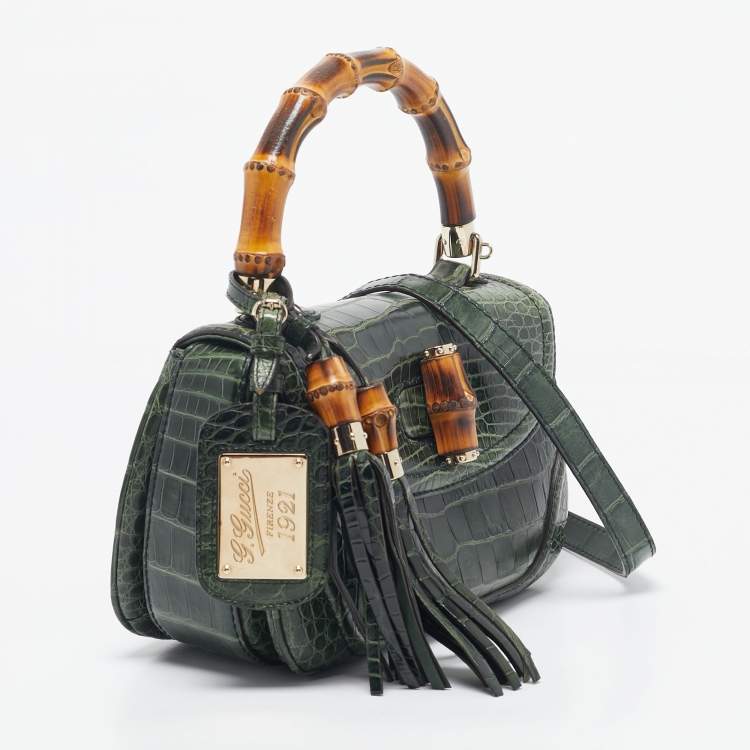 Pre Owned Gucci Green Alligator Medium Tassel New Bamboo Top Handle Bag
