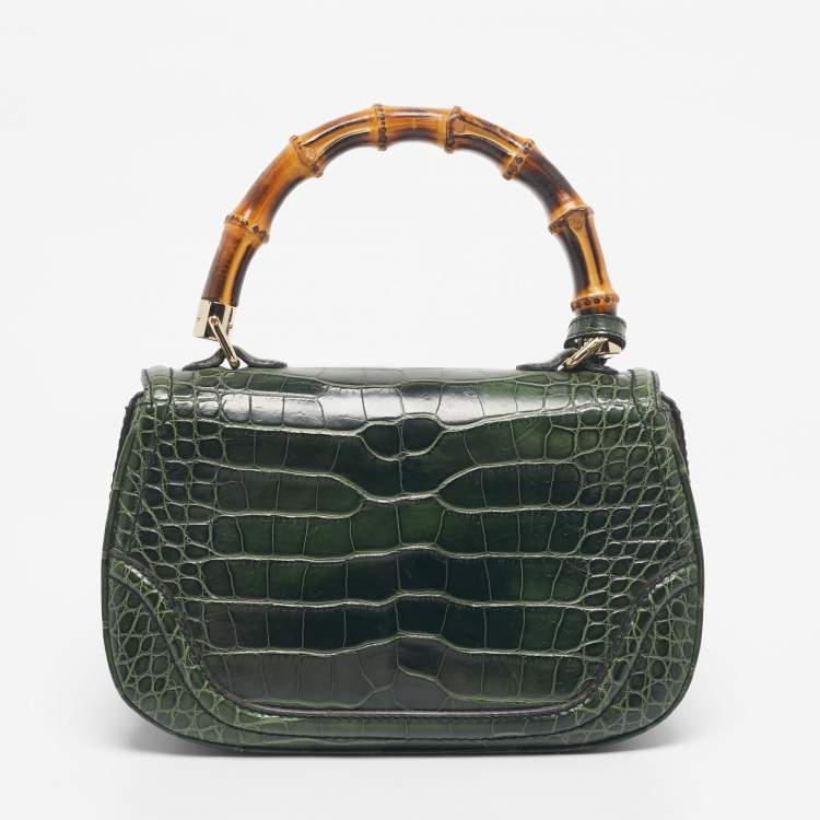 Pre Owned Gucci Green Alligator Medium Tassel New Bamboo Top Handle Bag