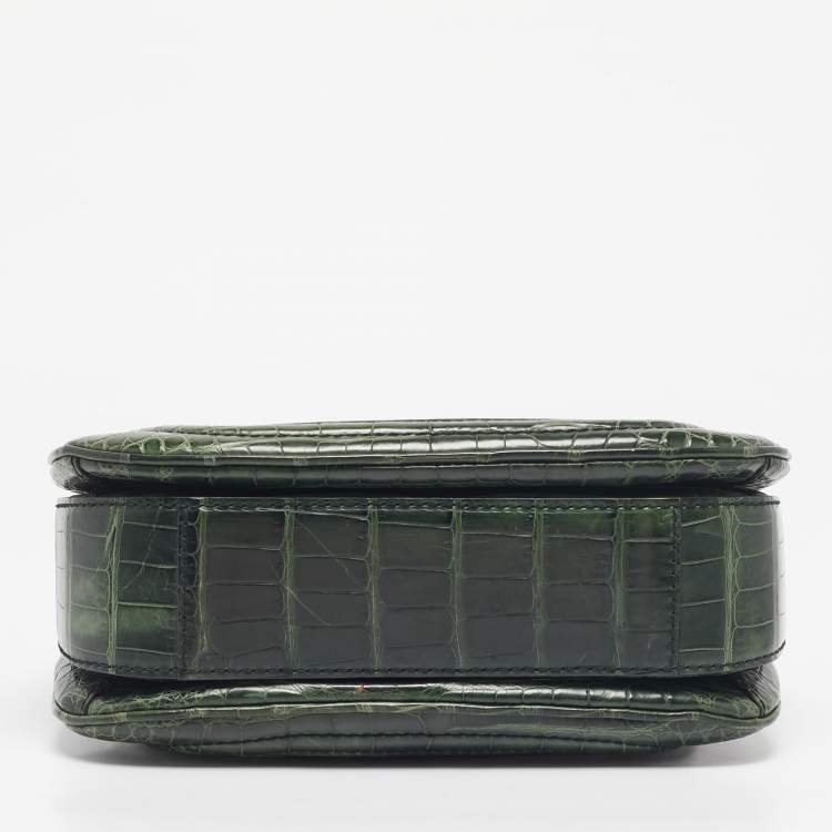Pre Owned Gucci Green Alligator Medium Tassel New Bamboo Top Handle Bag
