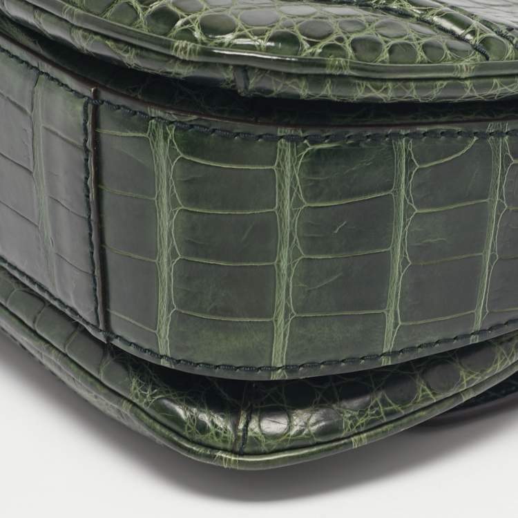 Pre Owned Gucci Green Alligator Medium Tassel New Bamboo Top Handle Bag