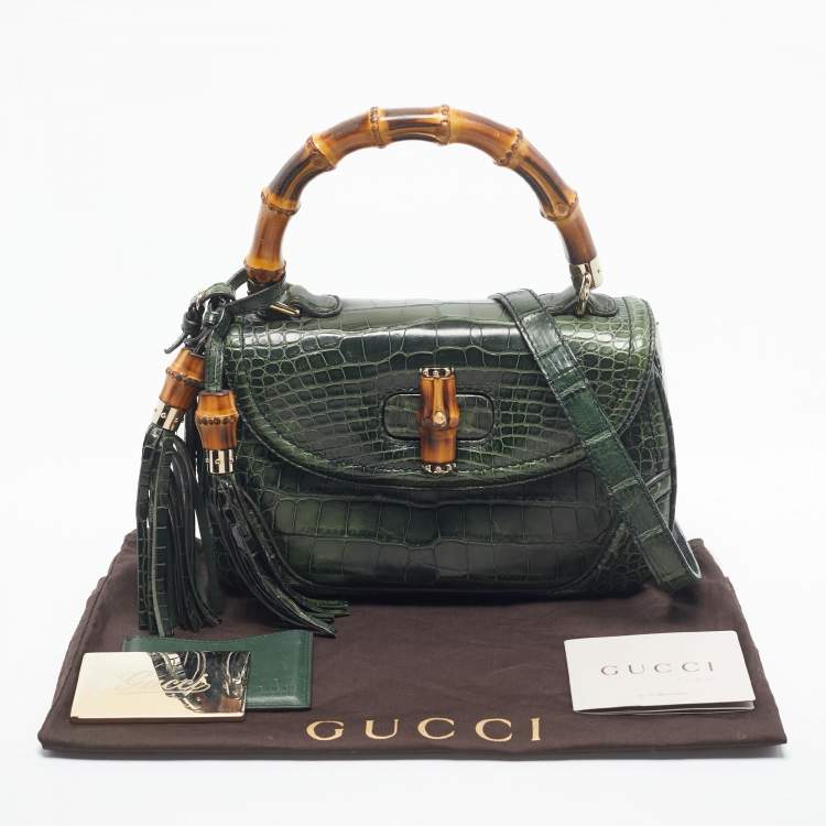 Pre Owned Gucci Green Alligator Medium Tassel New Bamboo Top Handle Bag