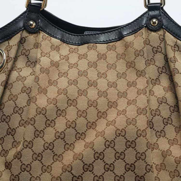 Pre Owned Gucci Black/Beige GG Canvas and Leather Large Sukey Tote