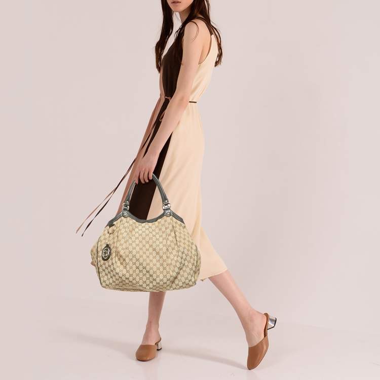 Pre Owned Gucci Black/Beige GG Canvas and Leather Large Sukey Tote