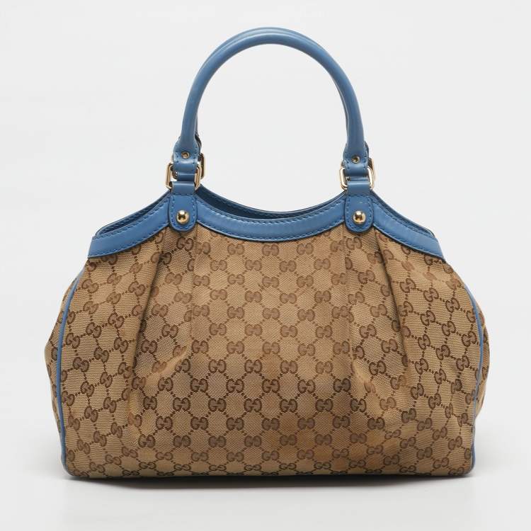 Pre Owned Gucci Blue/Beige GG Canvas and Leather Medium Sukey Tote