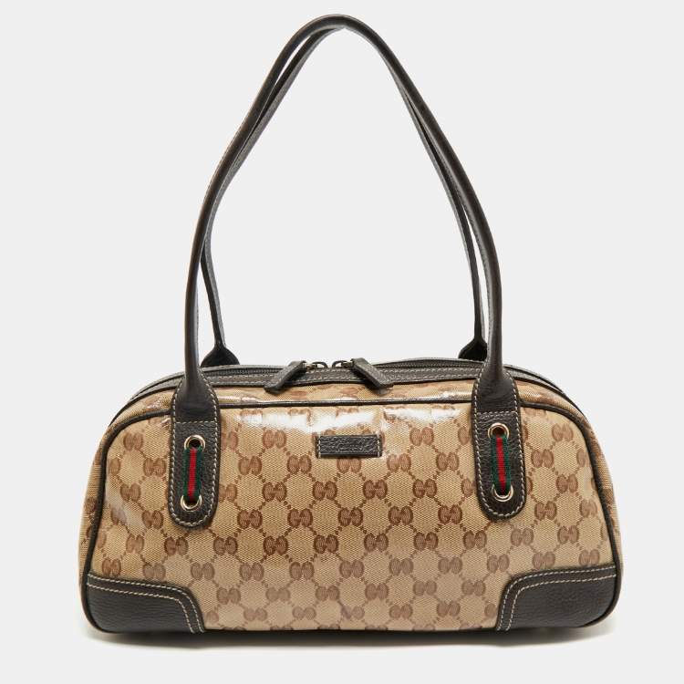 Pre Owned Gucci Beige/Brown GG Crystal Canvas and Leather Princy Boston Bag