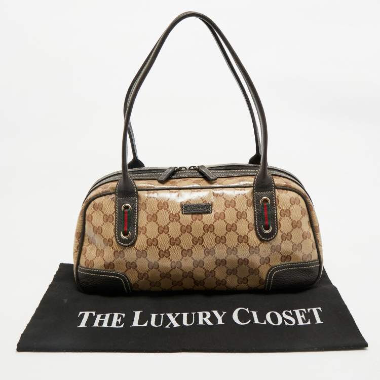 Pre Owned Gucci Beige/Brown GG Crystal Canvas and Leather Princy Boston Bag