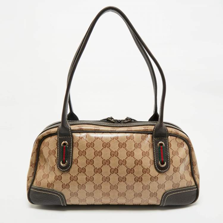 Pre Owned Gucci Beige/Brown GG Crystal Canvas and Leather Princy Boston Bag