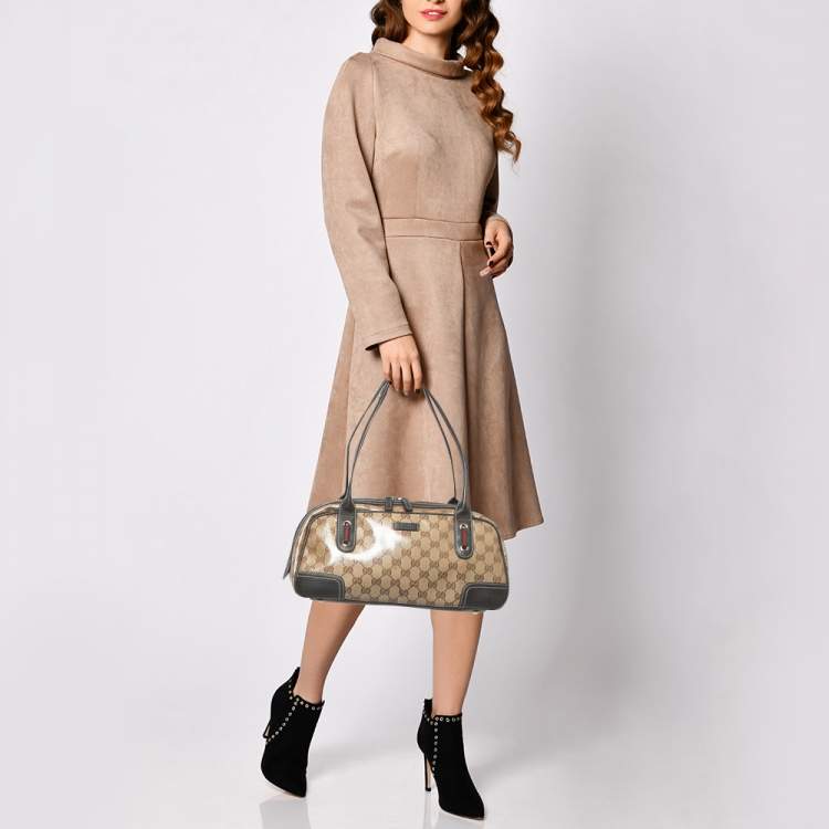 Pre Owned Gucci Beige/Brown GG Crystal Canvas and Leather Princy Boston Bag