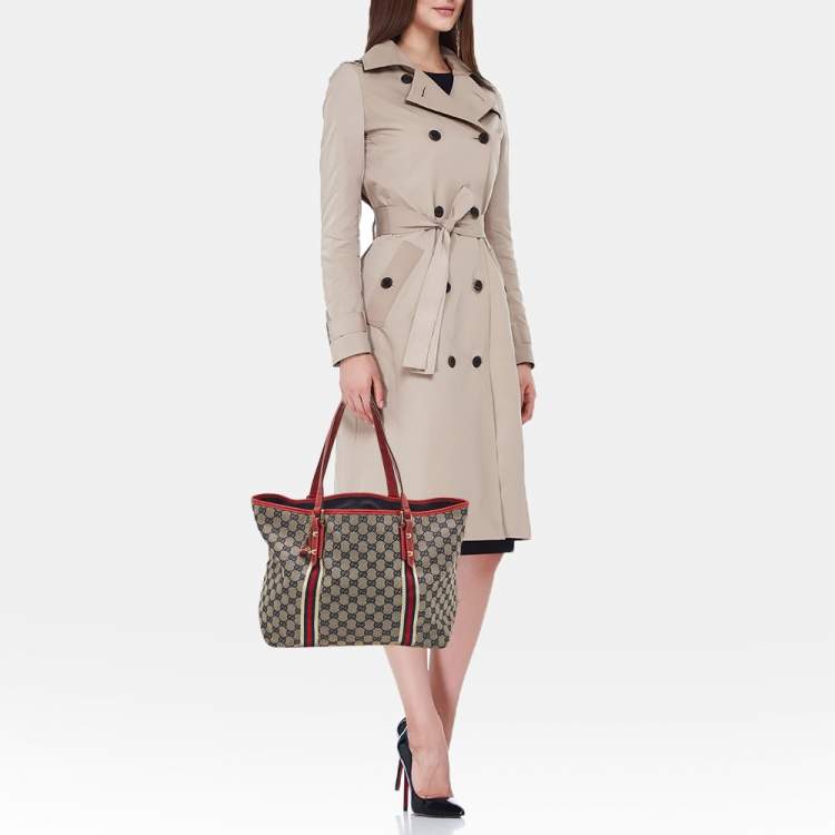 Pre Owned Gucci Beige/Red GG Canvas and Leather Jolicoeur Tote