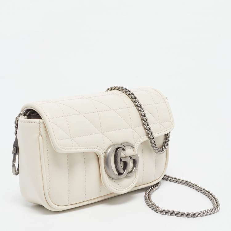 Pre Owned Gucci Off White Matelassé Leather Super Mini GG Marmont Shoulder Bag