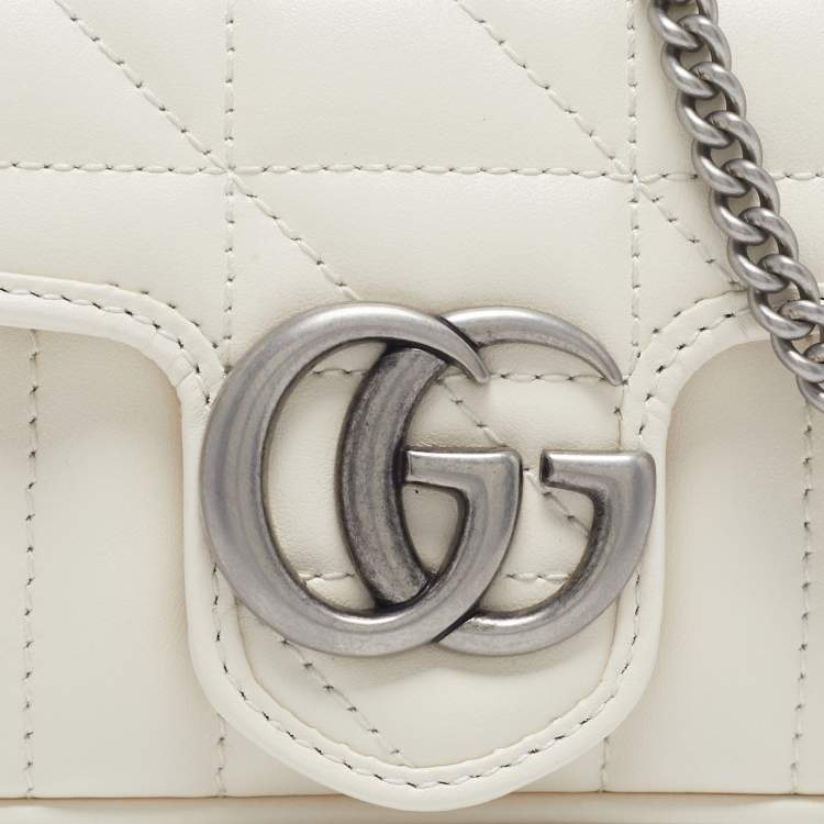 Pre Owned Gucci Off White Matelassé Leather Super Mini GG Marmont Shoulder Bag