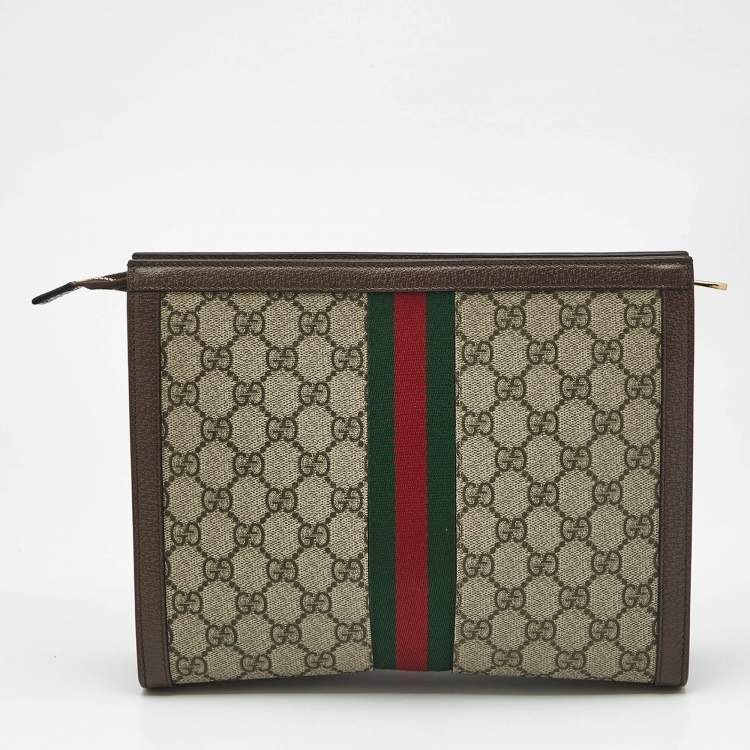 Pre Owned Gucci Beige/Brown GG Supreme Canvas and Leather Ophidia Pouch