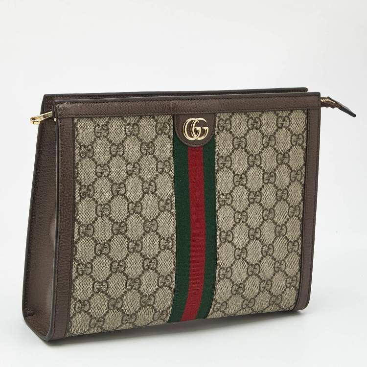 Pre Owned Gucci Beige/Brown GG Supreme Canvas and Leather Ophidia Pouch