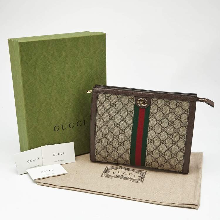 Pre Owned Gucci Beige/Brown GG Supreme Canvas and Leather Ophidia Pouch